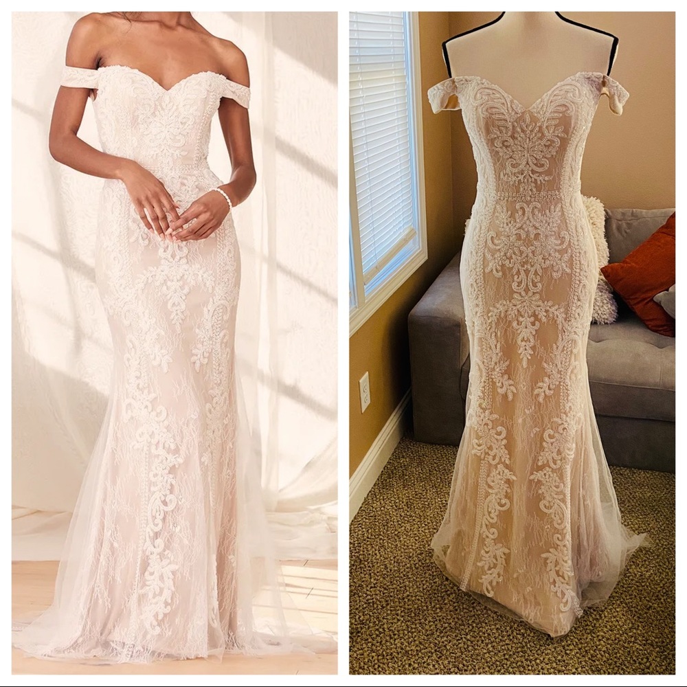 Lulus Promised Love White Beaded Lace Off-the-Shoulder Maxi Dress